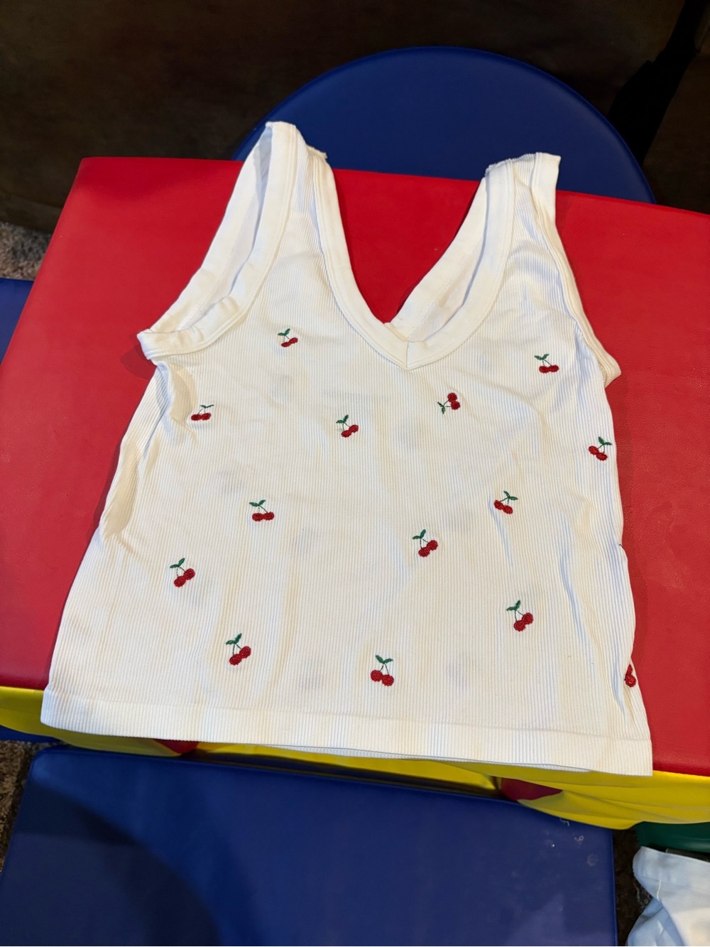 Harper Ivory Ribbed Tank Top with Red Cherry Embroidery